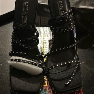 Cape Robbin Black Chunky Heels with Studded Straps